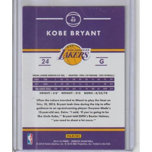 Kobe Bryant 2015-16 Panini Donruss #62 HOF Lakers - Picture 2 of 2